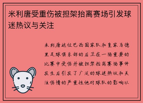 米利唐受重伤被担架抬离赛场引发球迷热议与关注 米利唐受重伤被担架抬离赛场引发球迷热议与关注
