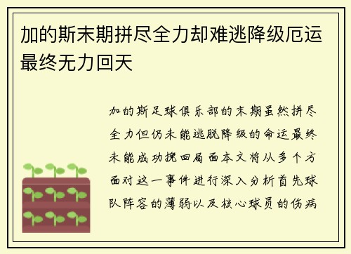 加的斯末期拼尽全力却难逃降级厄运最终无力回天