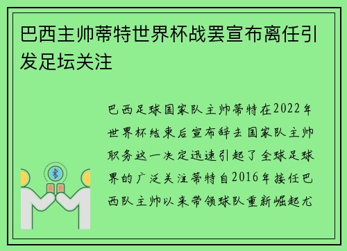 巴西主帅蒂特世界杯战罢宣布离任引发足坛关注